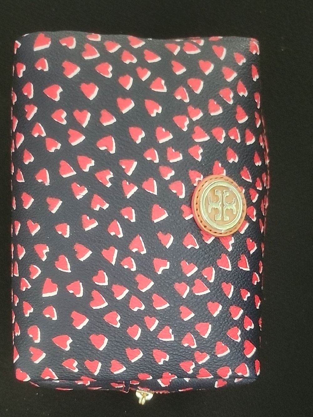 Tory Burch Navy Cosmetic Bag with Red Heart Motif and Gold Logo And Dust Bag
